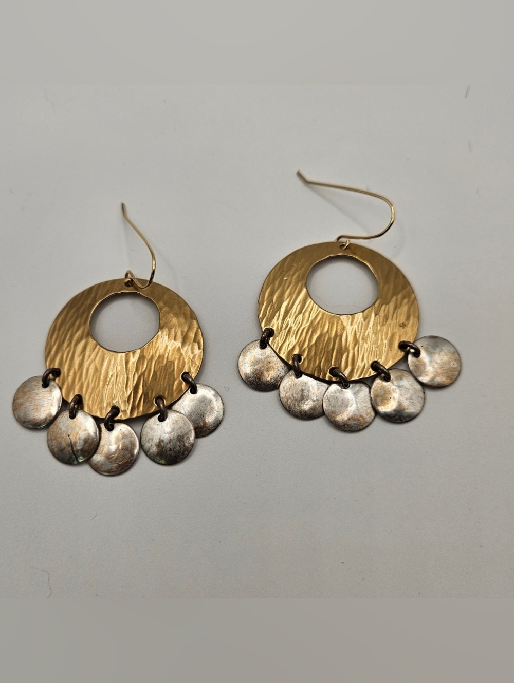 Marjorie Baer SF Mixed Metal Earrings Vintage Hammered Brass Silver Tone Dangle